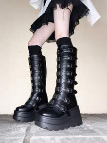 Women's Goth Platform Knee High Boots Fashion Metal Buckle Wedges High Heels Round Toe Zip Punk Combat Boots - Đen A - Xem 9