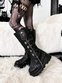 Women's Punk Thick-Soled Knee High Boots Wedge Heel Side Zipper Shoes Belt Buckle With Skull Chain Rivet Decor Fashionable Fall Boots - 黑色 - 查看 7