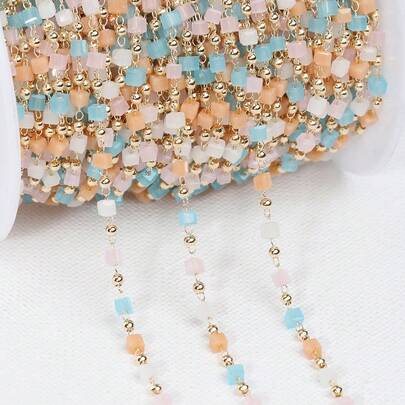 1m Copper Cube Beaded Chain, Bohemian Style Macaron Color Square Beaded Chain, For Jewelry Making, DIY Necklace Bracelet Accessories