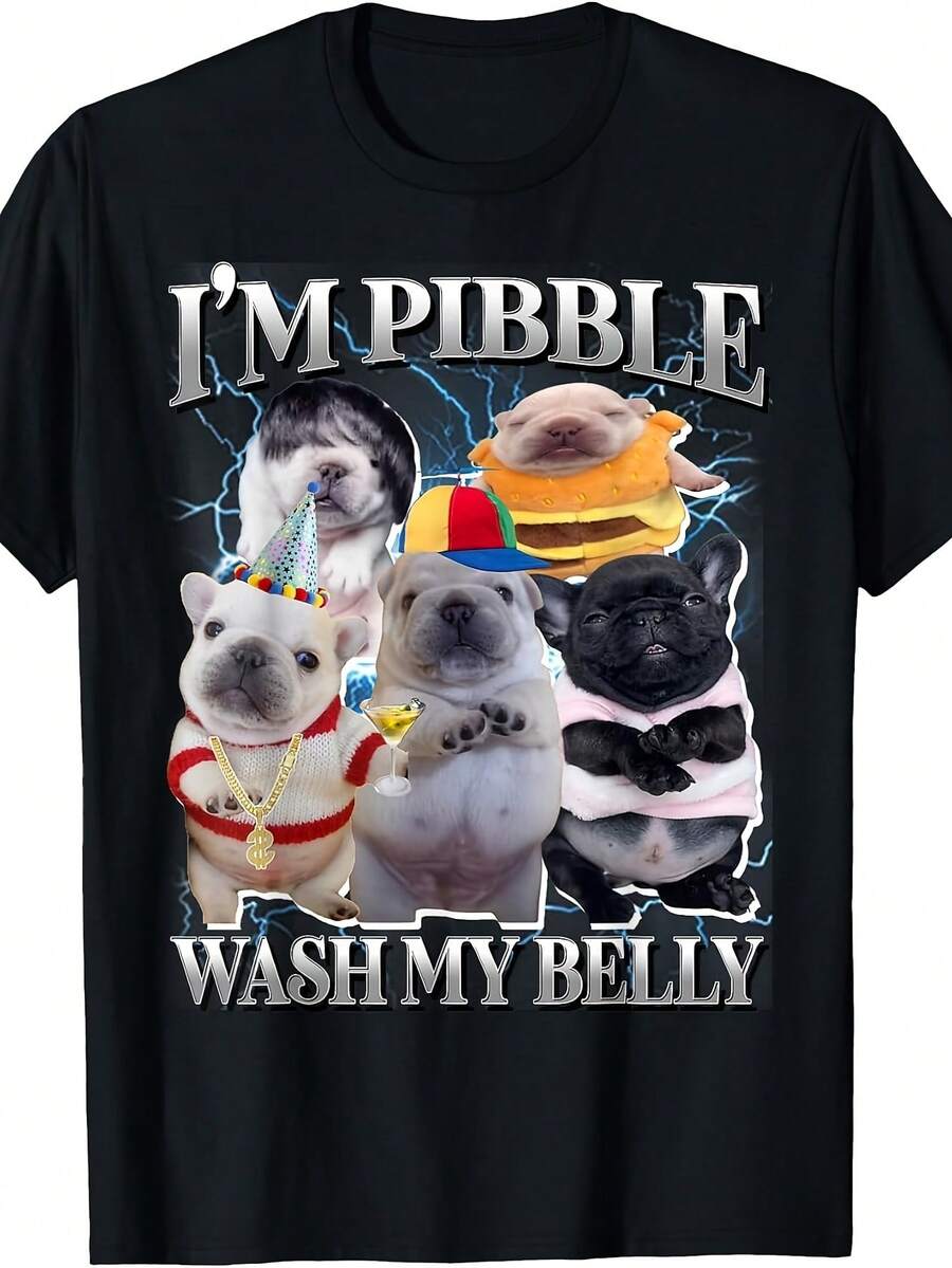 Camiseta con estampado de meme de perro Pibble "Brainrot, lava mi barriga" de cuello redondo, tela elástica, patrón impreso, adecuada para todas las estaciones y diversas ocasiones, tallas de hombre S-3XL - Negro - Ver 1