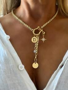 1 PC Collier pendentif lettre A-Z doré, chaîne pendentif étoile octogonale, collier multi-pendentif, chaîne en acier inoxydable, pour le travail, l'usage quotidien, les fêtes, - Or jaune - Voir 13