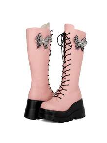 Gothic Knee High Lace Boots For Women Lace Up Platform Booties Round Toe Side Zipper Fashion Cosplay Dress Party Outdoor Combat Boots Women - 粉色 - 查看 8