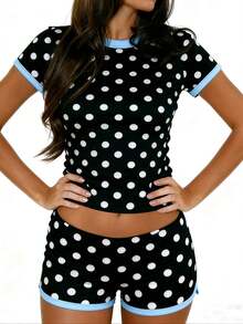 Women's Polka Dot Contrast Trim Loungewear Set - Sleeve Cropped Tee  Shorts Pajama Set With For Summer Cozy Home  Casual Relaxation - 黑色 - 查看 3