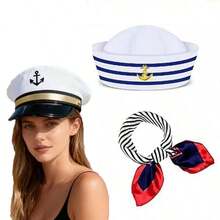 白色水手帽，船长帽，游艇派对服装配饰，平顶海军帽配围巾 - 彩色 - 查看 1