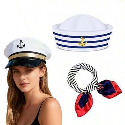 White Sailor Cap, Skipper Hat For Yacht Party Costume Accessories, Flat Top Navy Hat With Scarf