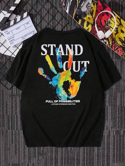 Men's T Shirts Manfinity VCAY Loose Fit Men Cotton Slogan & Figure Graphic T-Shirt Men's Casual Print Round Neck Short Sleeve T-Shirt Standard Fit T-Shirt For Men