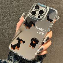 1pc Cartoon Dachshund Dog Mirror Phone Case - Compatible With Apple 17 Air, 16, 15, 14, 13, 12, 11, Pro Max, Plus - Silver - View 3
