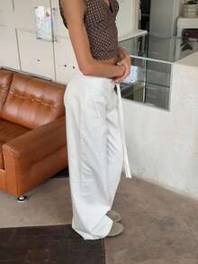 Women's High Waist Wide Leg Pants, Smooth Fabric White Long Trousers Spring - White - View 2