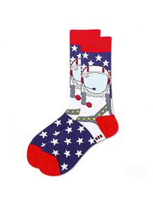 1双男女通用红白蓝星宇航员印花透气爱国中筒袜，适合日常穿着和7月4日主题服装，四季皆宜。 - 彩色 - 查看 4