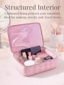 Cute Pink & White Stripe Makeup Bag With Compartments,Nylon Travel Essentials Cosmetic Bag Organizer Toiletry Bag For Women Girls, Simple Pink Portable Storage Bag With Four Different Sizes To Choose From, Suitable For Home Storage, Cosmetics Storage, Cute Appearance, Suitable As A Gift - 吐司麵包(粉紅色) - 查看 3