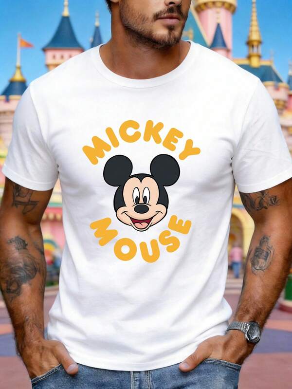 Disney Camiseta de hombre, cuello redondo, mangas cortas, con estampado de Mickey Mouse de dibujos animados y letras, perfecta para viajes y vacaciones, suave y cómoda.