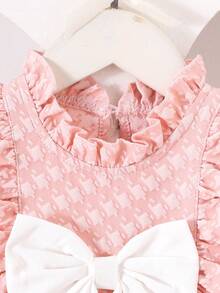 1件装女童甜美可爱粉色荷叶边领短袖连衣裙，春夏户外/度假风格 - 粉色 - 查看 4