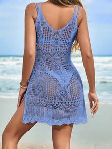 Solid Color Sexy Knitted Side Slit Dress, Beach Vacation Date Wear, Spring/Summer Crochet Hollow Out Cover Up (Bikini Not Included) - Light Blue - View 3