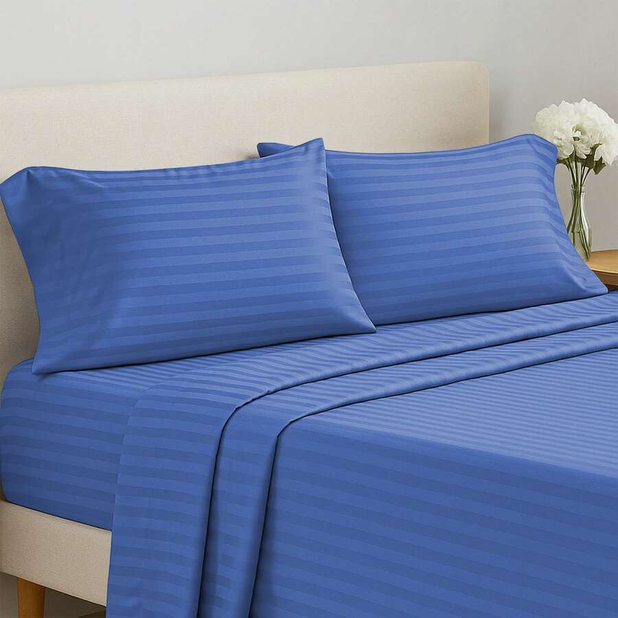 Lux Decor 4 Pc Stripe Bed Sheets High GSM Brushed Microfiber Sheets - Elevate Your Sleep Experience With Deep Pocket Bedding Sheets & Pillowcases-Graduation Gifts, Home Decor, Back-To-School Gift, Valentine's Day Bedroom, Spring Bedding Refresh, Guest Room Essentials, Dorm Room Bedding, Premium Bed Linens, Easy Care Sheets, Hypoallergenic Fabric, Year-Round Comfort, Master Bedroom Update, Matching Bedding Set, Hotel Quality Linens, Everyday Use, Classic Look, Home Basic - 藏蓝色 - 查看 1