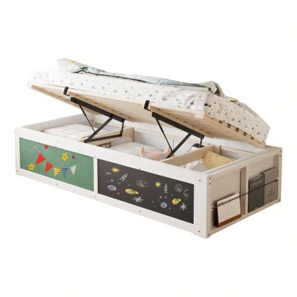 Wooden Bed, 90 X 200 Cm, With Hydraulic Adjustment, A Writing Surface, And A Felt-Covered Top. Includes Storage Space For Books And Can Be Installed On The Left Or Right. Single Bed, Children's Bed, White.