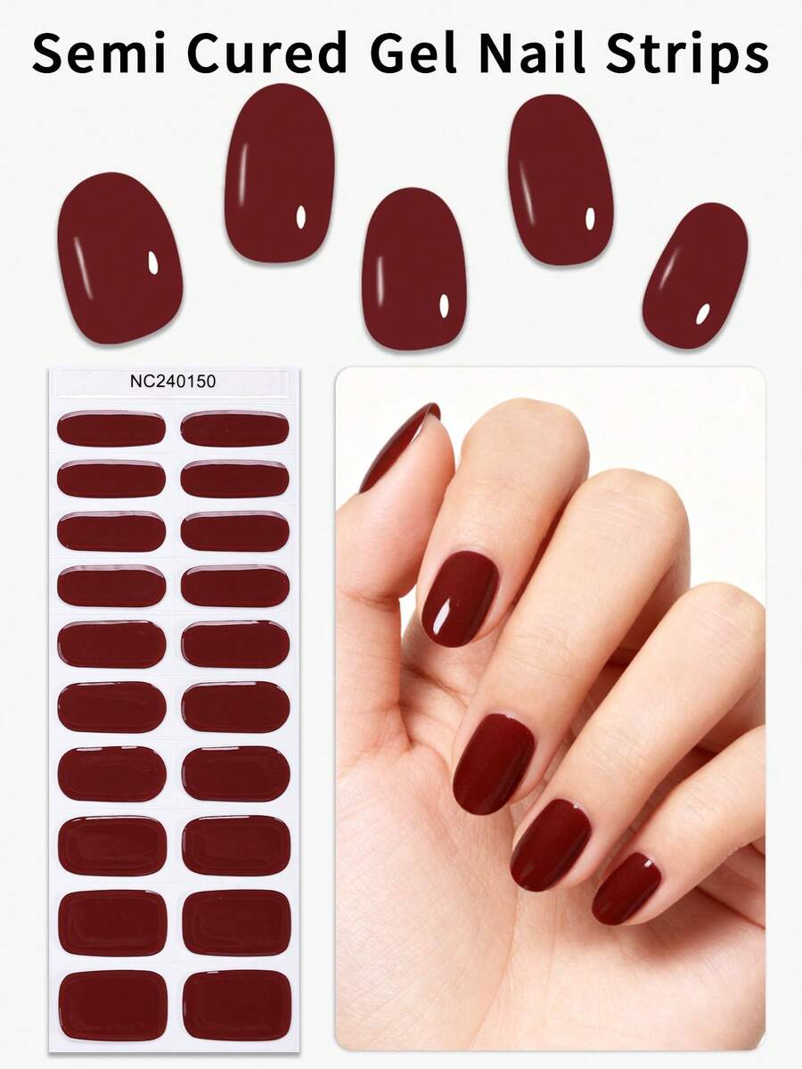 20Pcs Semi-Cured Gel Nail Stickers, Burgundy UV Gel Nail Stickers, Salon-Quality, Requires Use With UV Lamp Suitable For Women's Home DIY Nail Care. Nails Nail Supplies - Burgundy - View 1