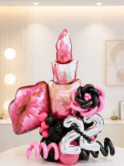 30pcs Spa Birthday Balloon Set, Includes 16inch Silver Number Balloons, Large Lipstick And Lips Foil Balloons, Pink And Black Birthday Balloon Columns, Suitable For Spa Parties, Makeup Parties, Princess Birthdays, Lipstick Parties, Girly Vibes, Bachelorette Parties