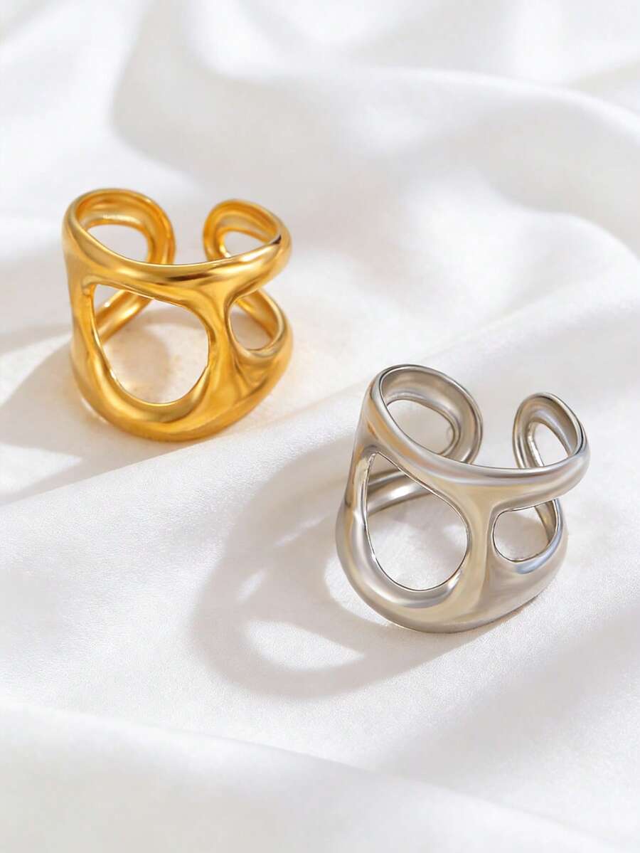 1枚不锈钢镂空宽戒指，简约设计，优雅百搭，高品质礼品，适合女性日常、派对、活动佩戴。 - 彩色 - 查看 1