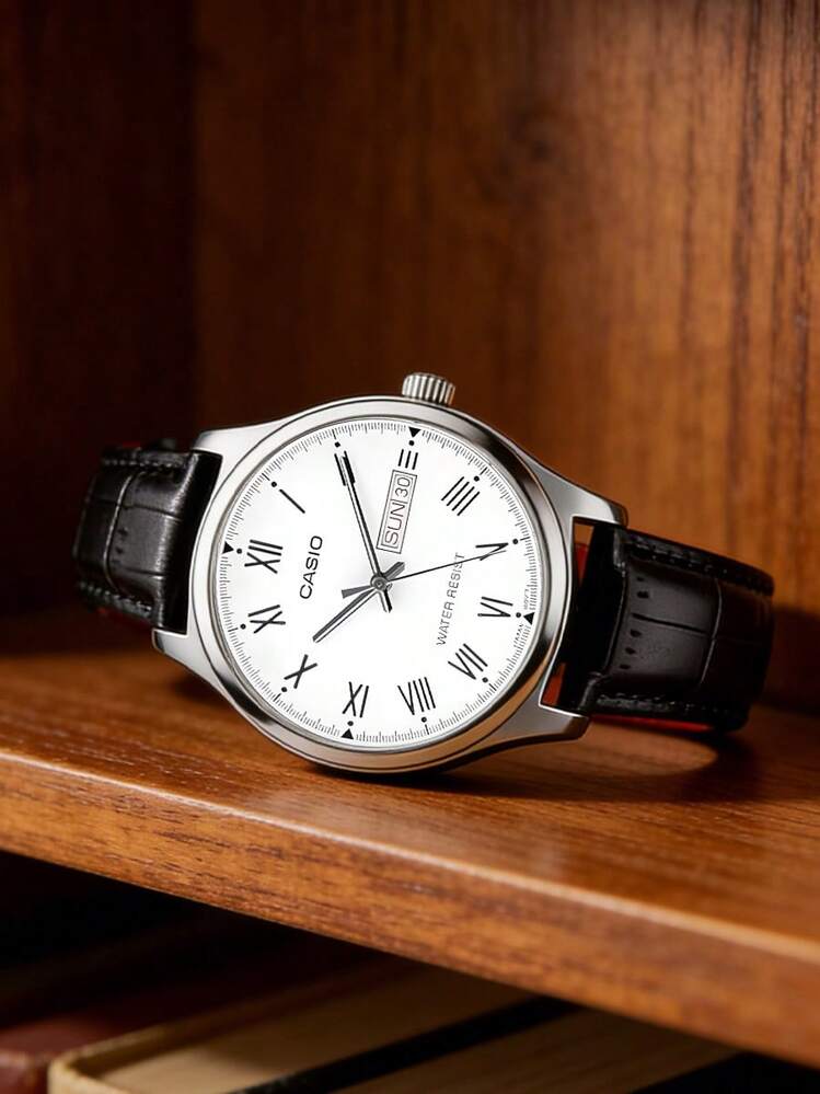 Casio Men's Quartz Watch, Leather Strap, White Roman Numeral Dial, Date Display, Three-Hand Analog Watch, Suitable For Daily, Casual Wear - White - View 7