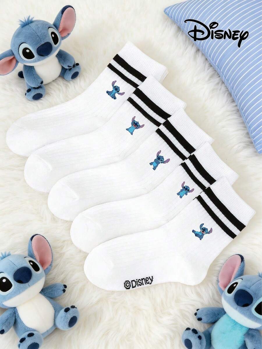 Disney 1/5 Pairs: Stitching Pattern, Stitching Couple Socks, Angel Design Kids Socks, Ruffle Socks, Bubble Socks, Bubble Ruffle Socks, Red & Black Striped White Ankle Socks, Girls Ankle Socks, Boys Ankle Socks, Children Ankle Socks, Daily Wear/Party Gift/Easter/Spring & Summer/Thin - Multicolor - View 1