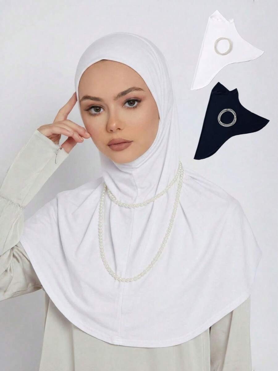 2件套女士纯色弹力头巾配珍珠项链，方便实用，适合搭配头巾、长袍、日常佩戴、聚会、旅行、祈祷等场合——优雅高贵 - 彩色 - 查看 1