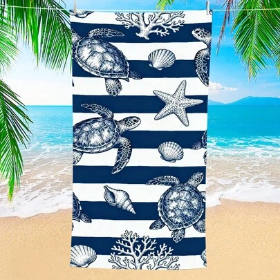 1pc Ocean Element Blue & White Striped Beach Towel, Super Soft Fiber Extra Large Beach Blanket, Super Absorbent Bath Towel, Suitable For Travel, Swimming Pool, Diving, Surfing, Yoga, Camping, Available In Multiple Sizes, Beach Accessory For Beach, Pool, Travel, Camping, Yoga Bathroom Decor