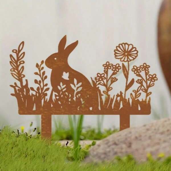 1 Piece Of Rusty Brown Easter Bunny Silhouette Iron Garden Grass Flowerpot Plug-In Metal Ornament Courtyard Decoration