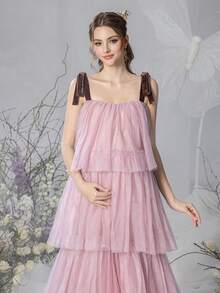 Faeriesty Đầm bầu không tay thanh lịch – Lưới xuyên thấu, chân váy xếp lớp, hoàn hảo cho tiệc mừng em bé, tiệc sân vườn và bữa tối lãng mạn - Hồng - Xem 5