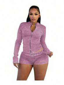 Lady's Two-Piece Set, New Denim Short Set, Long Sleeves, Stretch Shorts, Belt - Pink - View 3