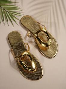 Dép xăng đan đế bằng màu vàng ánh kim dành cho nữ | Dép xỏ ngón quai vuông | Dép đi ngoài trời thường ngày, trang phục đi biển, trang phục mùa xuân hè - Vàng - Xem 2