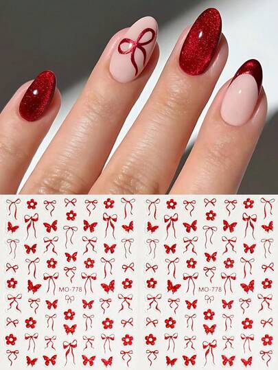 2 miếng dán móng tay hình nơ đỏ lấp lánh mùa xuân, hình bướm và hoa dập nổi 5D, thích hợp cho đám cưới, tiệc tùng/Ngày Valentine/Năm mới, trang trí móng tay DIY.