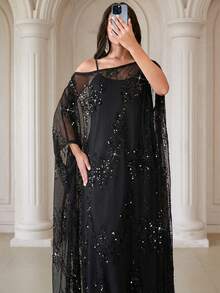 Elegant Women's Black 2-Piece Robe With Contrast Sequin & Ruffle Details, Asymmetric Batwing Sleeve Oblique Shoulder Collar Design, Drawstring Waist - Black - View 5