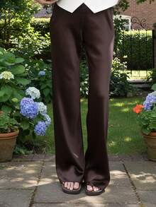 Pantalones para Mujer Marrón Sólidos, Cintura Elástica y Pierna Ancha Larga, Elegantes para Uso Casual y Fin de Semana en Verano - Marrón oscuro - Ver 4