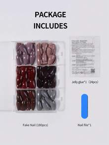 180片（6种混合色）亮面短款杏仁形亚克力美甲贴片，棕色、酒红色、灰色可选，完美贴合短指甲，酒红色美甲贴片让您的指尖闪耀动人光泽，包含：1片果冻胶和1把指甲锉，适合派对、舞蹈和日常美甲使用。 - 查看 4