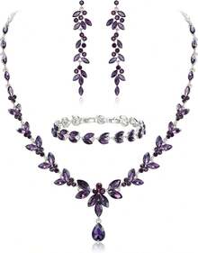 Bridal Fashion Jewelry Set - Purple Silver Tone - View 8