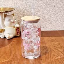 3pcs Bow Printed Water Cup With Lid & Straw, 16oz Canned Ice Coffee Cup, Tea Juice Milk Gift, Office Restaurant Classroom Picnic Party Use - Multicolor - View 1