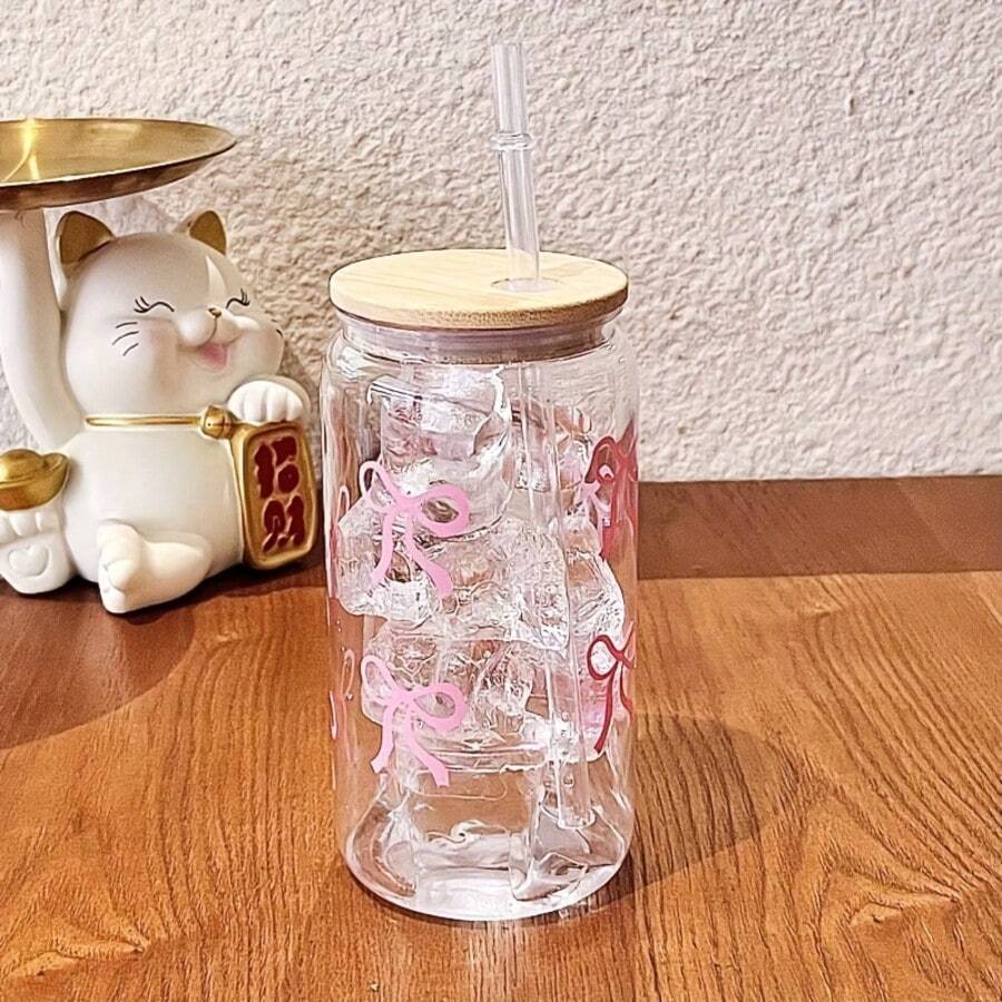 3pcs Bow Printed Water Cup With Lid & Straw, 16oz Canned Ice Coffee Cup, Tea Juice Milk Gift, Office Restaurant Classroom Picnic Party Use - Multicolor - View 1