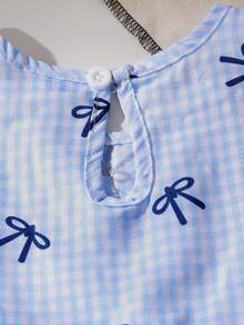 2件套女婴夏季轻薄休闲度假风可爱蝴蝶结格纹荷叶边无袖上衣和松紧腰短裤套装 - 藍色 - 查看 7