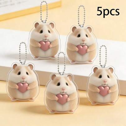 5pcs 2D Hamster Holding Heart Acrylic Animal Backpack Clip Decor, Pendant Gift For Friends, Teens, Suitable For Backpack, Car Keys, Party Decor