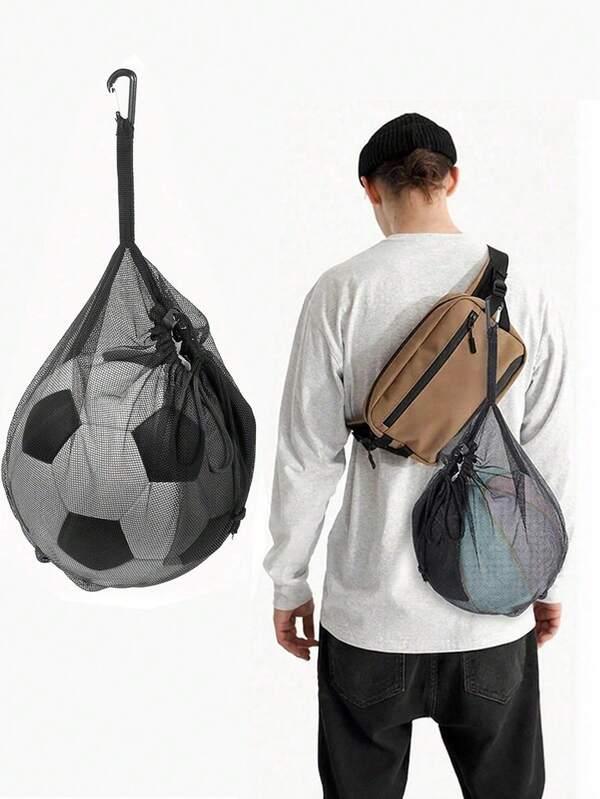1 Stück schwarze Mesh-Sportballtragetasche, Volleyball & Fußball Aufbewahrungstasche mit Aufhängehaken und Kordelzug, Straßenbasketball Aufbewahrungstasche