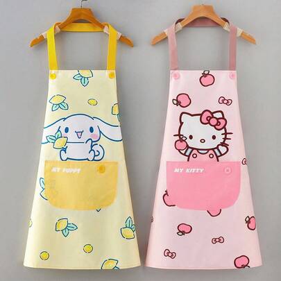 Sanrio Hello Kitty Kitchen Apron - Pink And Yellow PVC Apron With Pockets, Smooth Surface, Non-Slip Design, Suitable For Home Cooking. Kitchen Apron | Cute Design | With Storage Pockets, Kitchen Clothing, Kitchen Accessories.