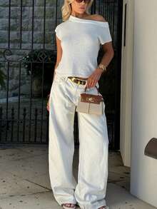 2026 Sommer Mode Damen Weißes Strick Asymmetrisches Schulter Kurzarm Top, Bubble Stoff, Kurzarm, Gerippte Strick Details, Rundhalsausschnitt Design, Perfekt für den Sommer - Weiss - Übersicht 6