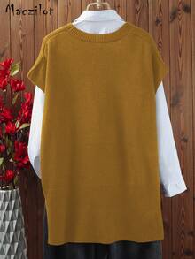 Plus Size Women Plus Size Pullover Sweater, Casual Comfortable V-Neck Sleeveless Knit Top - Ginger - View 3