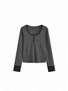 条纹长袖T恤，修身性感上衣，适合秋冬季穿着 - 黑灰條紋 - 查看 6