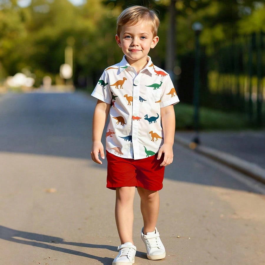 Piezas Conjunto de camisa de manga corta y pantalones cortos con estampado de dinosaurio para niño pequeño, conjunto de verano cómodo y casual