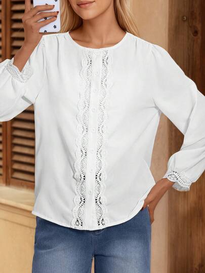 Women's New Solid Color V-Neck Sexy Lace Patchwork Design Chiffon Blouse, Versatile For Commuting, Vacation, Travel