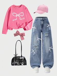 2pcs/Set Big Girls Sweet Butterfly Print Top & Custom Distressed Denim Pants With 3D Bow Tie, Long Sleeve Outfit, Spring/Summer New Arrival - Multicolor - View 1