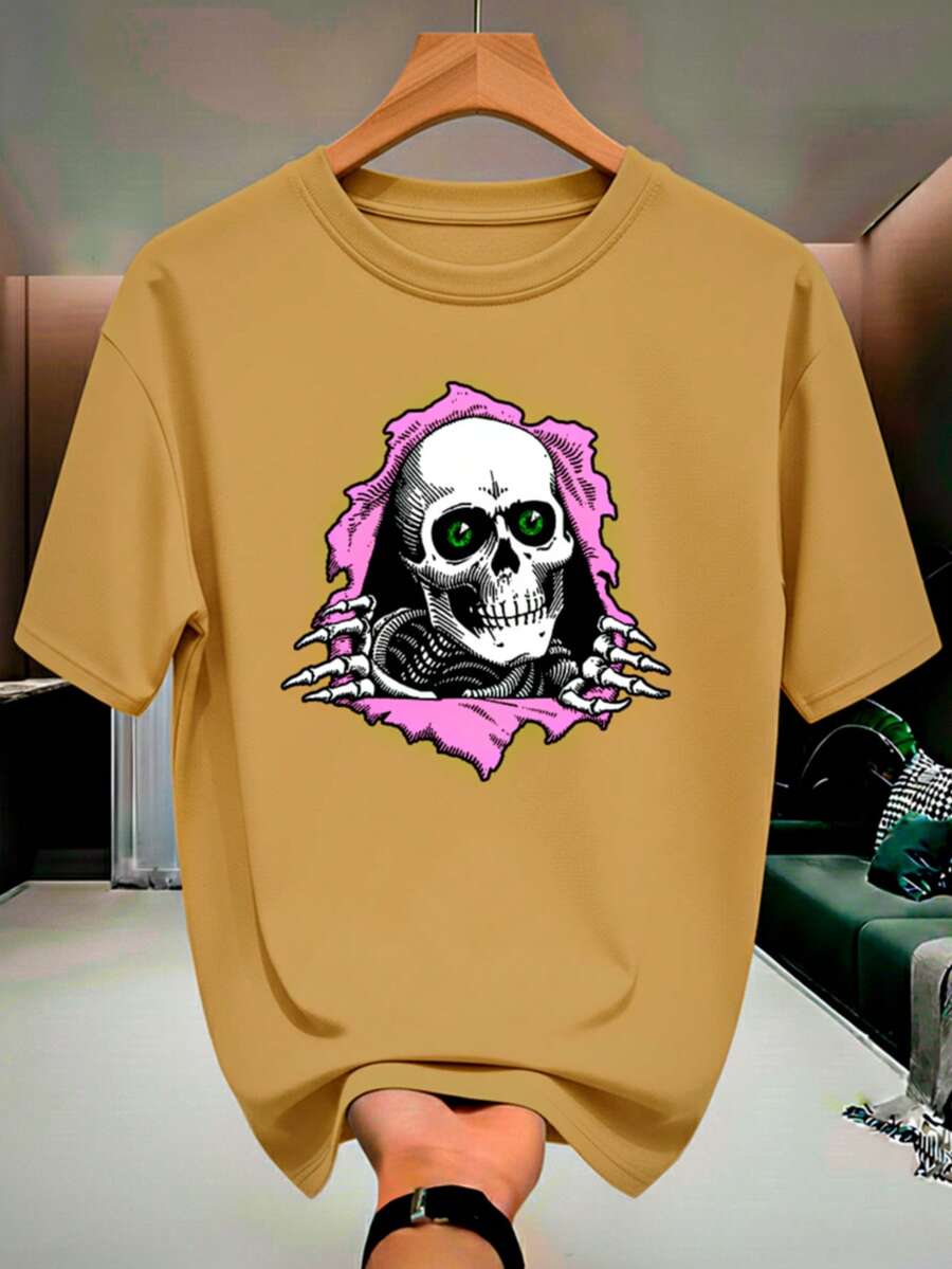 Skull Skeleton Streetwear T-Shirt, 100% Cotton, Men's And Women's Unisex Premium Shirt - 卡其色 - 查看 1