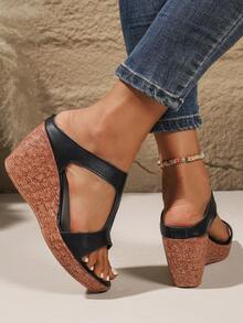 Sandalias de cuña de 4.3" con suela gruesa y diseño de punta abierta para mujer, de moda, versátiles y elegantes - Negro - Ver 3