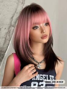 NAMM 20英寸时尚齐肩假发，女士款，深根粉色渐变黑色直发假发，蓬松饱满的机器高密度合成纤维分层假发，适合女孩日常、街头穿搭、音乐节派对摄影等场合，也适合万圣节角色扮演、动漫或服装造型。 - 漸層粉紅色 - 查看 4